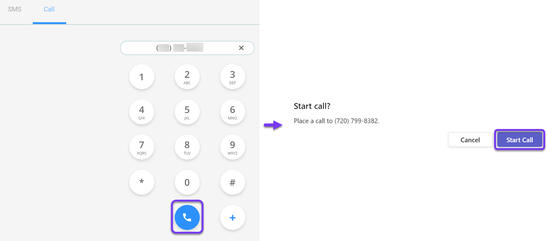 The dial pad with the phone icon highlighted and the Start call pop-up with the Start Call button highlighted
